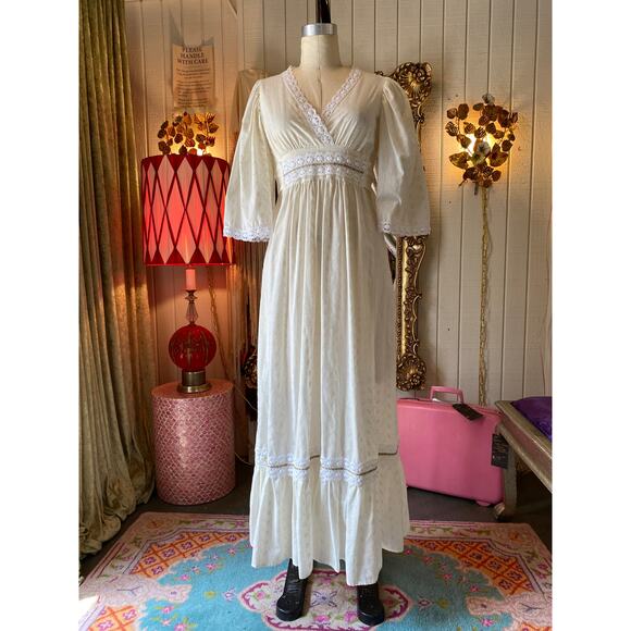 Vintage Dresses & Skirts - vintage 1970s prairie maxi dress cream cotton bell sleeves crochet lace boho s/m